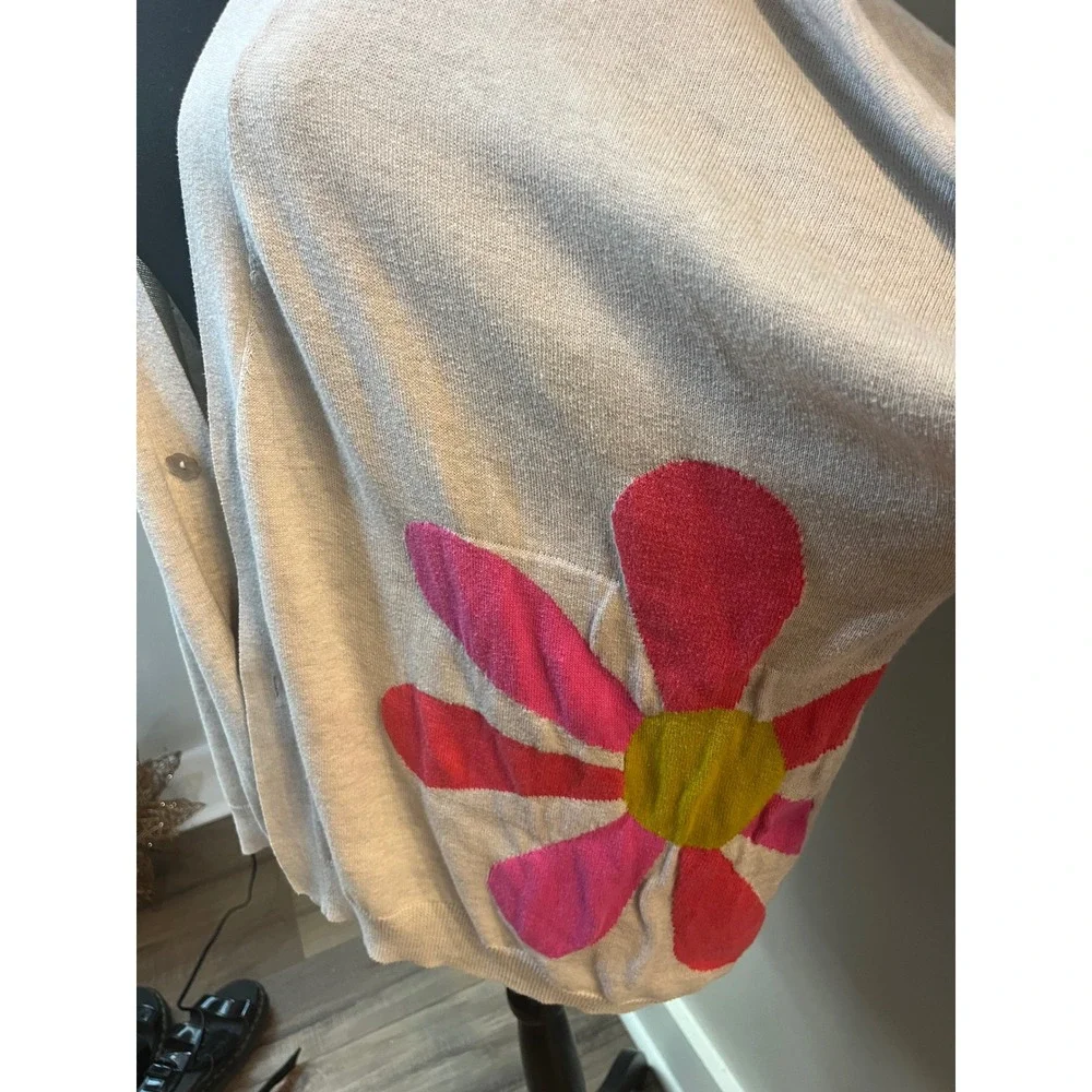 Natural Life Daisy Cotton Cardigan Sweater Oatmeal Floral L/XL Boho Slouchy - Picture 7 of 10
